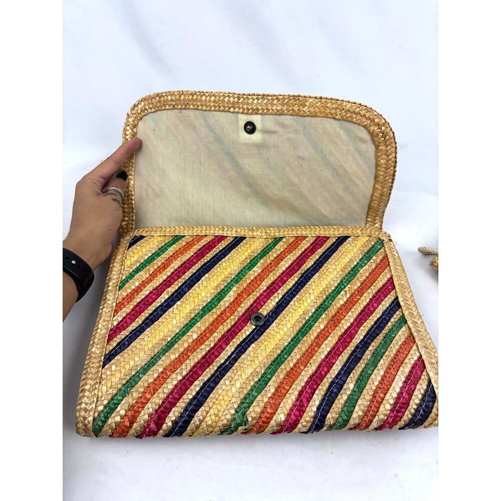 Lot of 2 Vintage Woven Straw Jute Multi Colored Striped‎ Clutch Crossbody - Picture 4 of 16